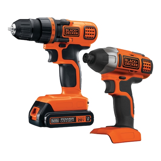 BLACKDECKER BD2KITCDDI set perceuse et visseuse à percussion 20V sans fil, orange et noir, angle avant, fond blanc.