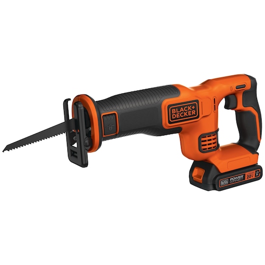 BLACKDECKER BDCR20C scie sabre sans fil, orange et noire, angle latéral droit sur fond blanc.
