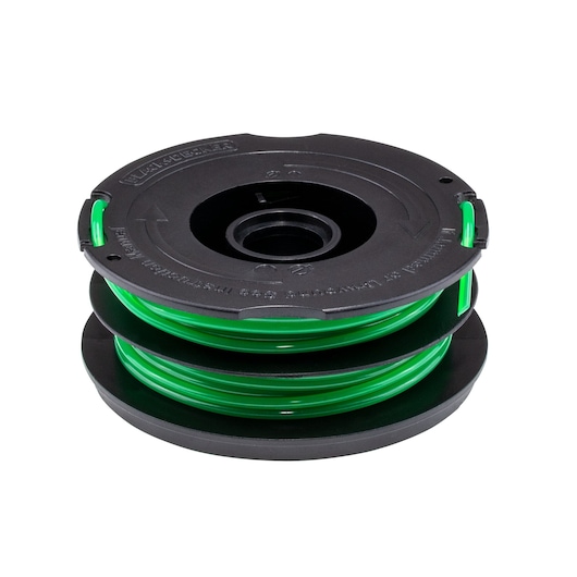 BLACKDECKER DF-080 bobine double pour coupe-bordures avec fil vert, vue de face sur fond blanc.
