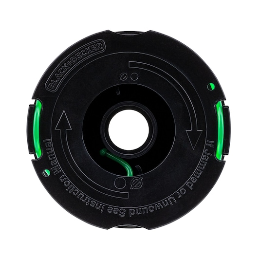 Photo de la bobine de coupe-herbe noire BLACK+DECKER DF-080 avec fil vert, vue supérieure sur fond blanc.