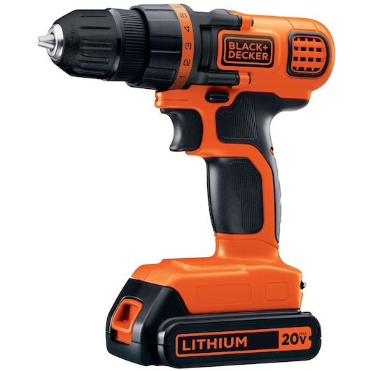 Photo de la perceuse sans fil BLACK+DECKER LDX120C, orange et noire, vue latérale sur fond blanc.