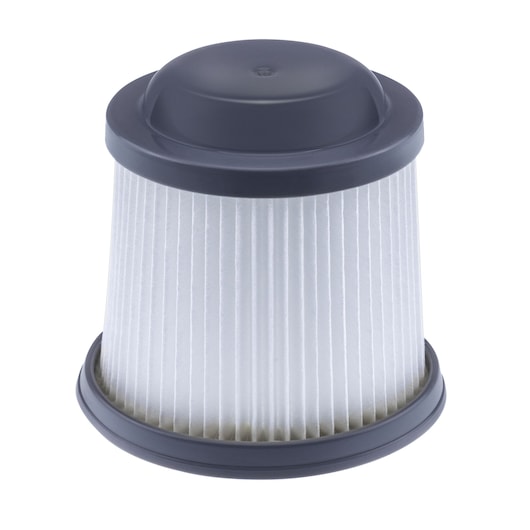 Filtre pour aspirateur BLACKDECKER PVF110 à papier blanc plissé et dessus en plastique gris foncé, photo de face