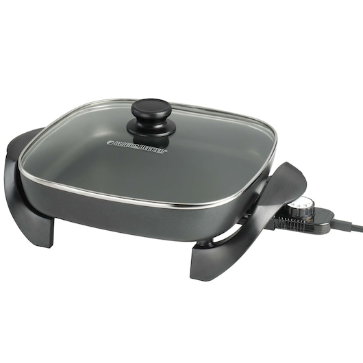 BLACKDECKER poêle électrique avec couvercle en verre, finition noire, SKU SK1212BC, vue latérale.