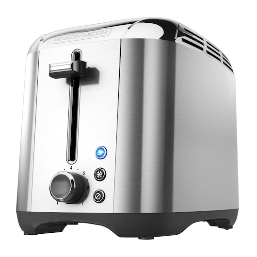 BLACKDECKER TR3500SD grille-pain en acier inoxydable avec bouton de réglage, vue en angle.