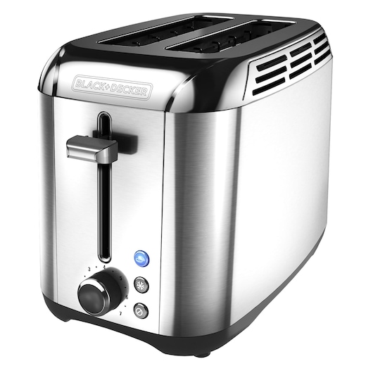 BLACK+DECKER TR3500SD grille-pain deux tranches en acier inoxydable, angle avant, bouton de commande noir.