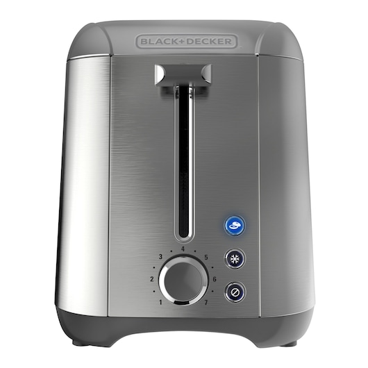 Grille-pain en acier inoxydable BLACK+DECKER, vue de face, avec boutons et cadran, TR3500SD.